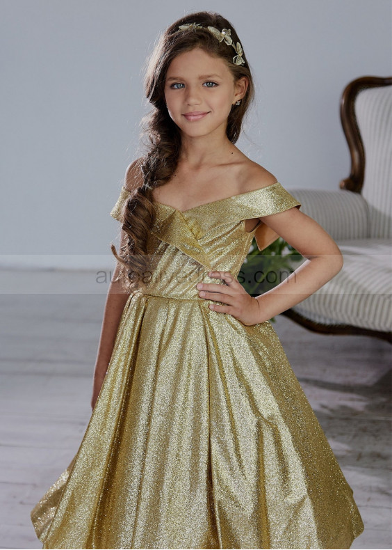 Gold Glitter Off Shoulder Flower Girl Dress